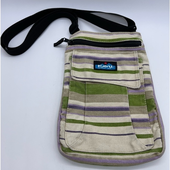 KAVU STRIPED GREEN, PURPLE & TAN CROSSBODY BAG - Picture 1 of 12